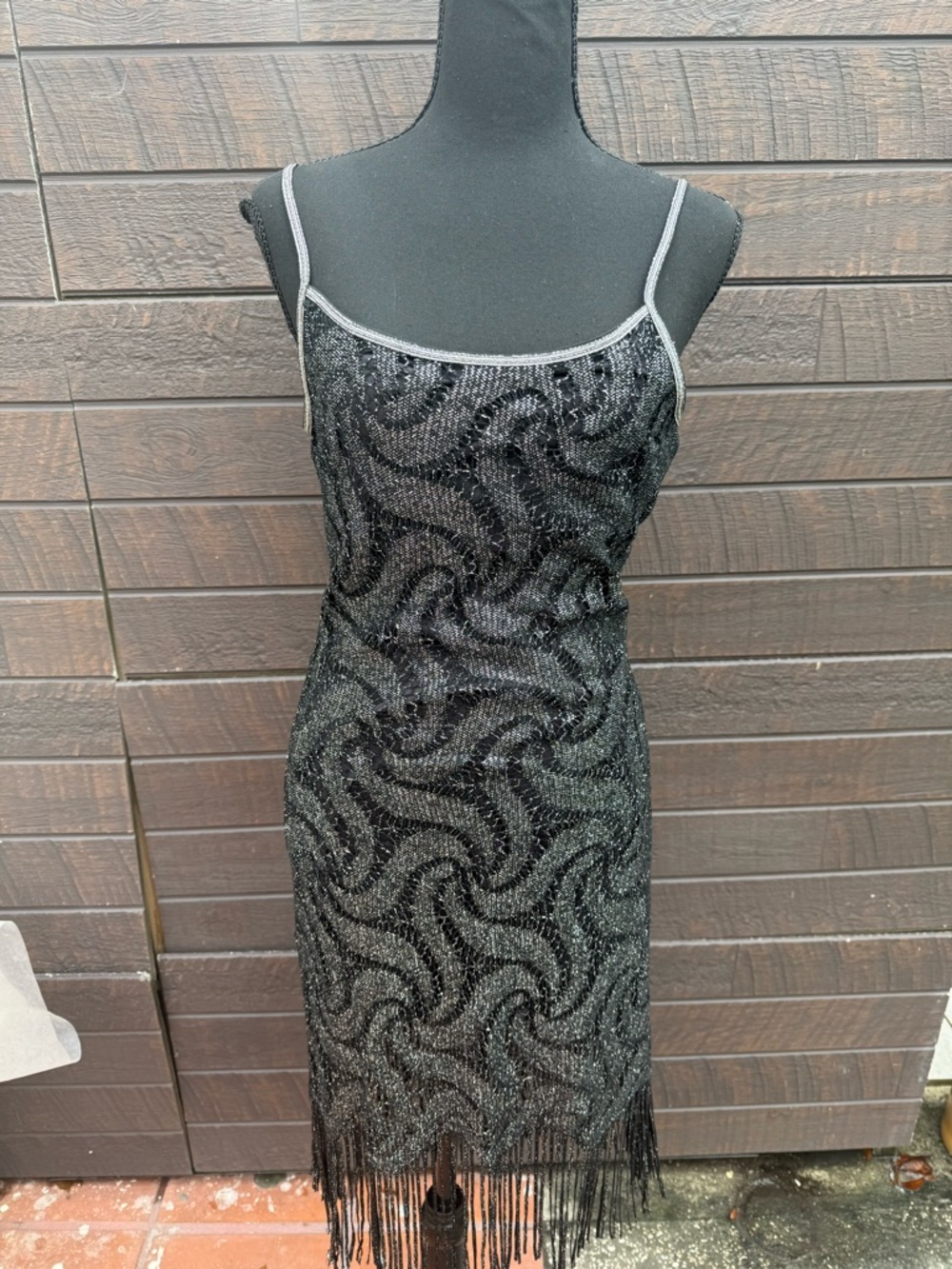 Vintage 90s California Concepts Metallic Gown Fringe Spaghetti Strap Dress - Picture 7 of 9